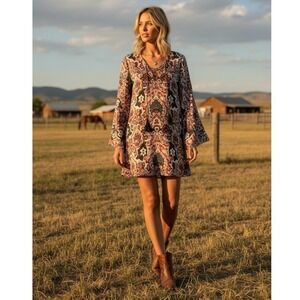 NWT Haute Hippie 100% Silk Paisley Lace-Up Mini Dress Tassels Boho Western M